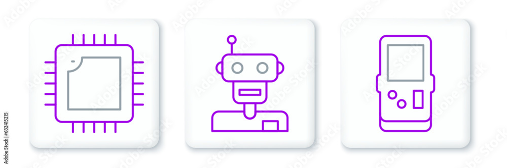 Poster set line tetris, processor with cpu and robot icon. vector