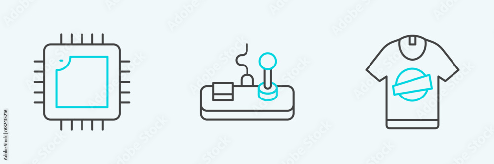 Poster set line t-shirt, processor with cpu and gamepad icon. vector