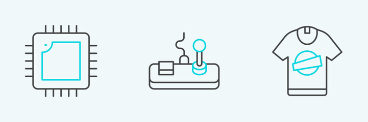 Set line T-shirt, Processor with CPU and Gamepad icon. Vector
