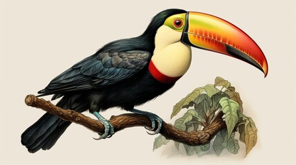 an elegant, vintage-style illustration of a majestic Toucan with its distinctive beak