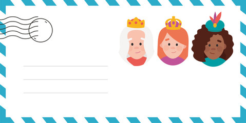 Envelope of the wise women. The three queens of orient, Melchiora, Gasparda and Balthazara. Funny vectorized letter.
