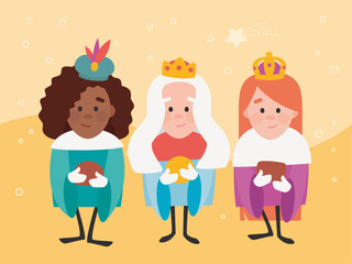 Three funny wise women. Queens of orient on yellow background. Melchora, Gaspara y Baltasara. Christmas vectors.