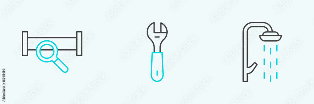 Canvas Prints Set line Shower, Industry metallic pipe and Wrench spanner icon. Vector