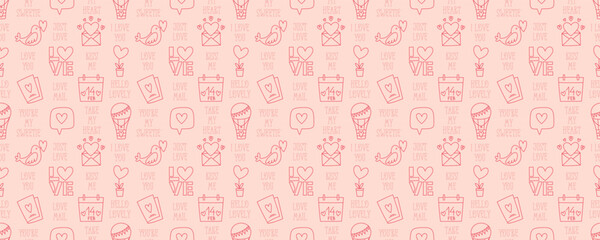 Valentines Day doodle style seamless pattern, hand-drawn love theme icons and quotes background. Romantic mood cute symbols and elements collection.