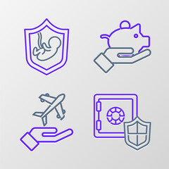 Set line Safe with shield, Plane in hand, Piggy bank and Life insurance icon. Vector