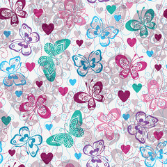Vector Valentine seamless pattern with colorful hearts and butterflies on white background