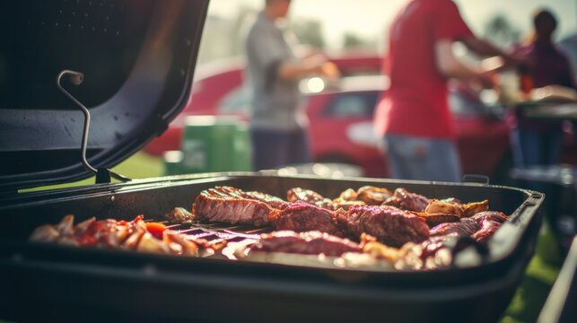 Excited Sports Fans Enjoying a Classic American Football BBQ in Stadium Parking Lot