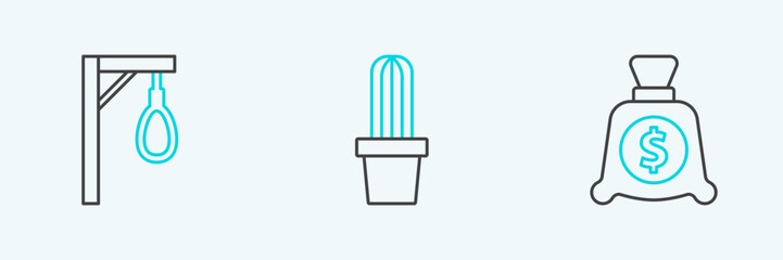 Set line Money bag, Gallows and Cactus peyote in pot icon. Vector