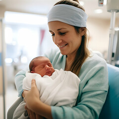  Happy mother and newborn baby in hospital bed child birth in maternity hospital young mom hugging