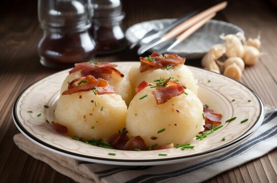 Traditional polish potato dumplings. Round little hooves with roasted pork dish. Generate ai
