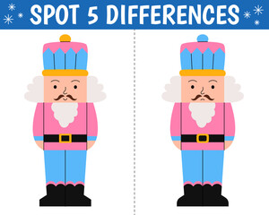 Cute nutcracker in cartoon style. Find 5 differences. Educational matching christmas game for children. Printable worksheet with solution for school and preschool.