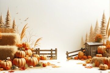 Autumn-themed podium background. autumnal decorations like hay bales, pumpkins, wheat, fall leaves, and flowers in a rustic setting. for advertising and product display.