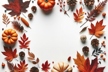 Fototapeta premium Autumn background with yellow leaves on a white background, autumnal decorations with copy space for design.