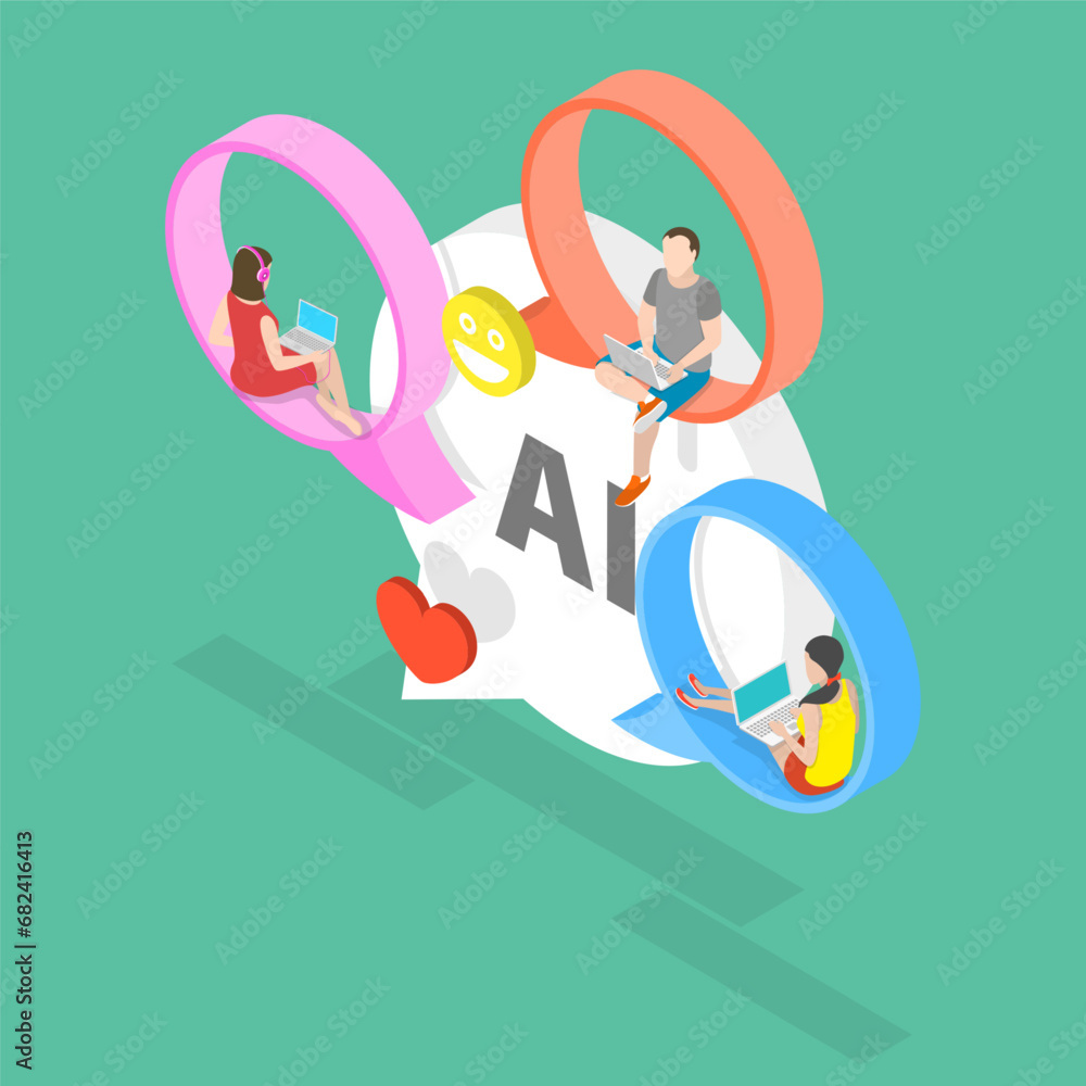 Poster 3d isometric flat vector illustration of ai chat bot, artificial intelligence robot