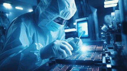 Scientist in coveralls conducting a Research working on a processor chip and development of microelectronics and processors in a laboratory. - obrazy, fototapety, plakaty