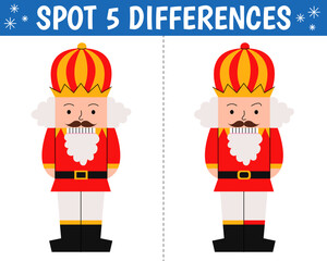Cute nutcracker in cartoon style. Find 5 differences. Educational matching christmas game for children. Printable worksheet with solution for school and preschool.