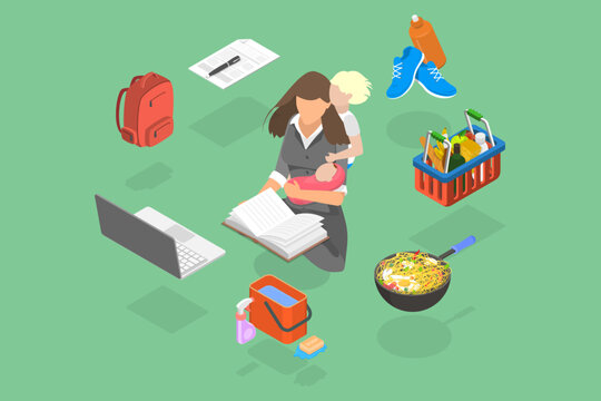 3D Isometric Flat Vector Illustration of Super Mom, Mother with Baby, Working, Coocking, Cleaning and Make a Shopping