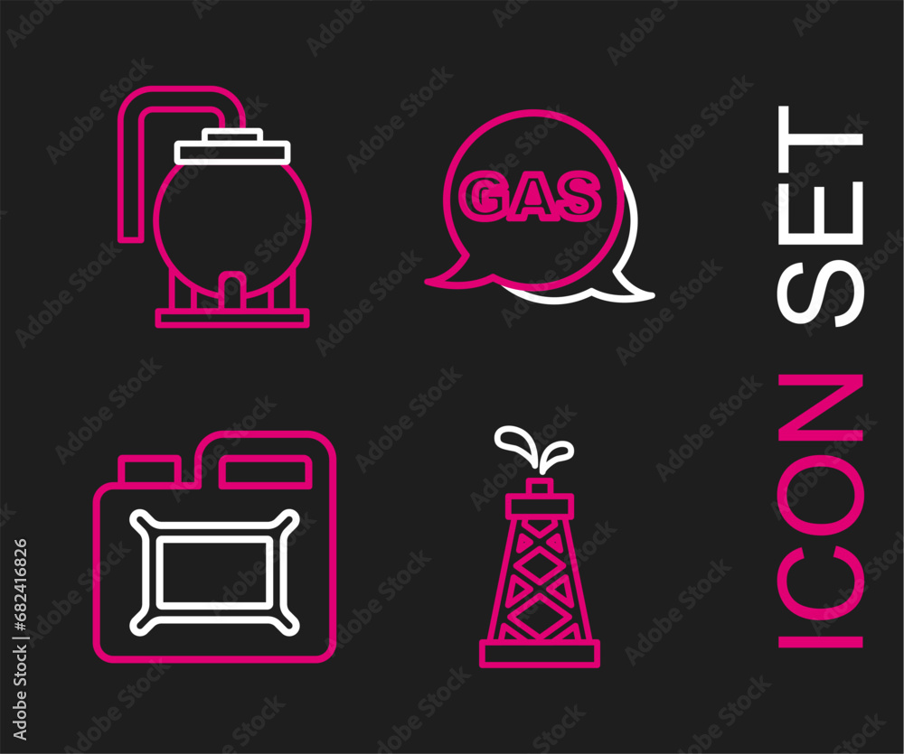 Poster Set line Oil rig, Canister for motor oil, Location and gas station and tank storage icon. Vector