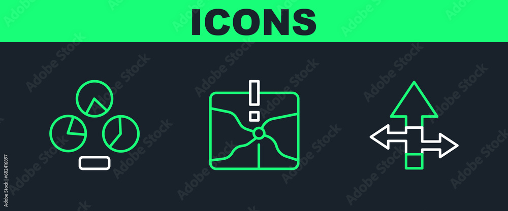 Poster set line arrow, pie chart infographic and intersection point icon. vector