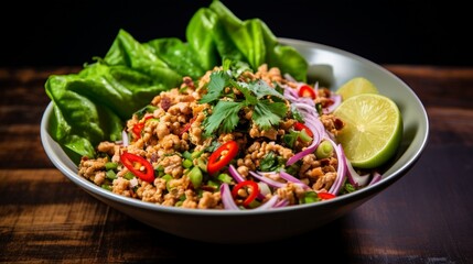 an image of a bowl of spicy Thai larb salad with minced chicken and herbs