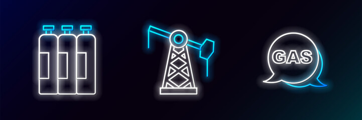 Set line Location and gas station, Industrial cylinder tank and Oil pump or pump jack icon. Glowing neon. Vector