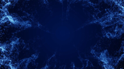 Technological background. Neon-blue grid of particles. Wave  luminous matter. Interlacing of stripes, dots. Cosmic bundle of energy. Digital web. LED strip. Banner for business, presentations, Logo