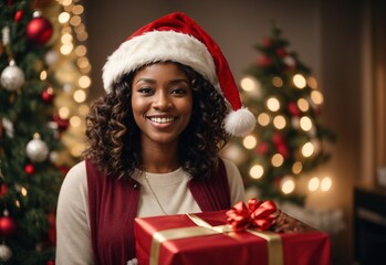 Fototapeta na wymiar Beautiful black women wearing christmas santa hat, tree and gift christmas decoration on the background