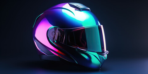 Neon motorcycle helmet on a dark background.