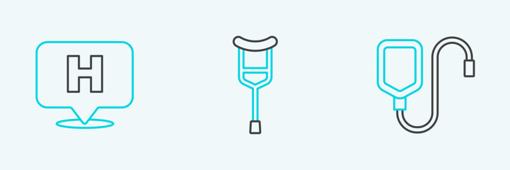 Set line IV bag, Location hospital and Crutch or crutches icon. Vector