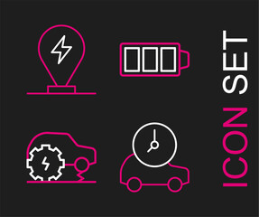 Set line Electric car, service, Battery charge and Charging parking electric icon. Vector