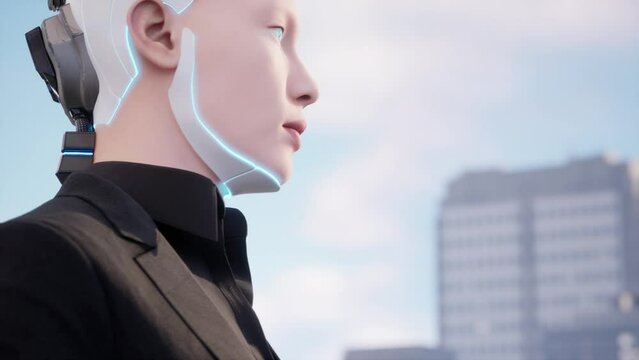 a female humanoid robot at the building's roof looking at the big city. future technology concept