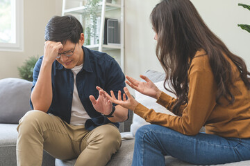 Breakup and depressed, asian young quarrel couple love fight relationship in trouble. Different people are emotion angry. Argue wife has expression upset with husband. Problem of family people. - obrazy, fototapety, plakaty