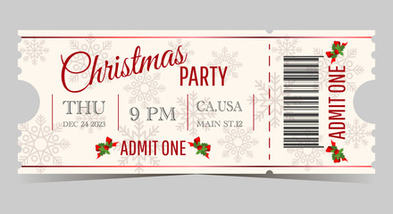 Christmas party pink ticket template for admit one - obrazy, fototapety, plakaty