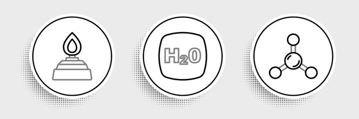 Set line Molecule, Alcohol or spirit burner and Chemical formula H2O icon. Vector