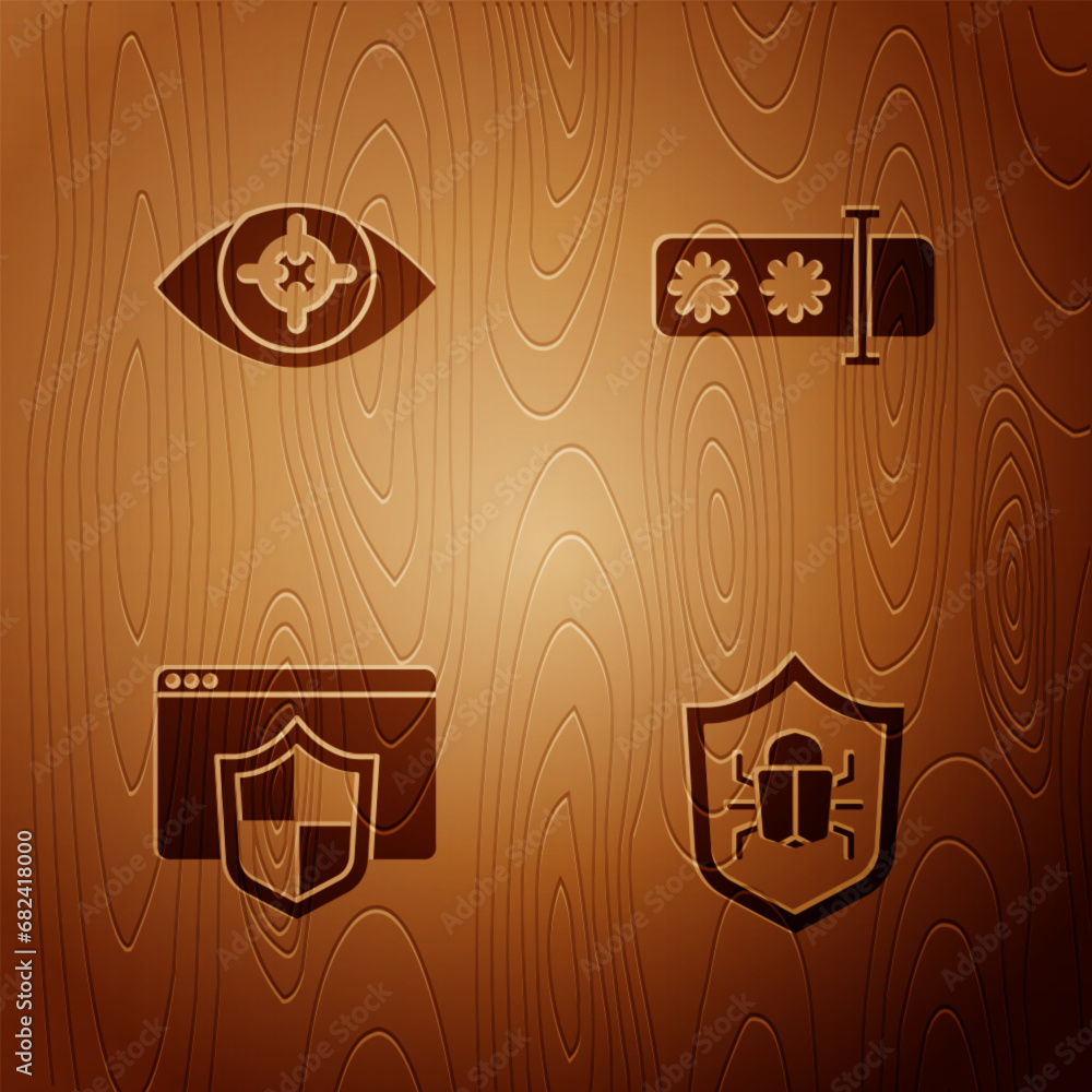 Poster set system bug, eye scan, browser with shield and password protection on wooden background. vector