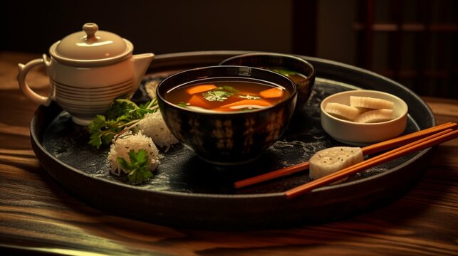 an image of a bowl of miso soup served with a side of sushi rolls