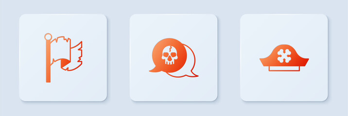 Set Skull, Pirate flag and hat. White square button. Vector