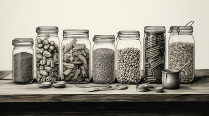 Glass jars for products with cereals, a container for food with marking, contour illustration. linear hand drawn picture in sketch style