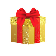 Creative shiny gift box with red bow. 3D design. Holiday decoration. Greeting card concept. Shopping coupon template. Isolated golden graphic. Glittering gold background. Multi-loop bow-knot.