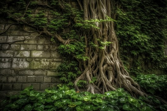 Ivy tree growing and climbing on wall. Creeper evergreen botany garden flora. Generate ai