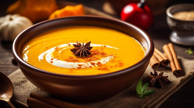 an image of a bowl of creamy pumpkin soup with a sprinkle of cinnamon