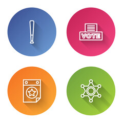 Set line Baseball bat, Vote box, Calendar with date July 4 and Hexagram sheriff. Color circle button. Vector