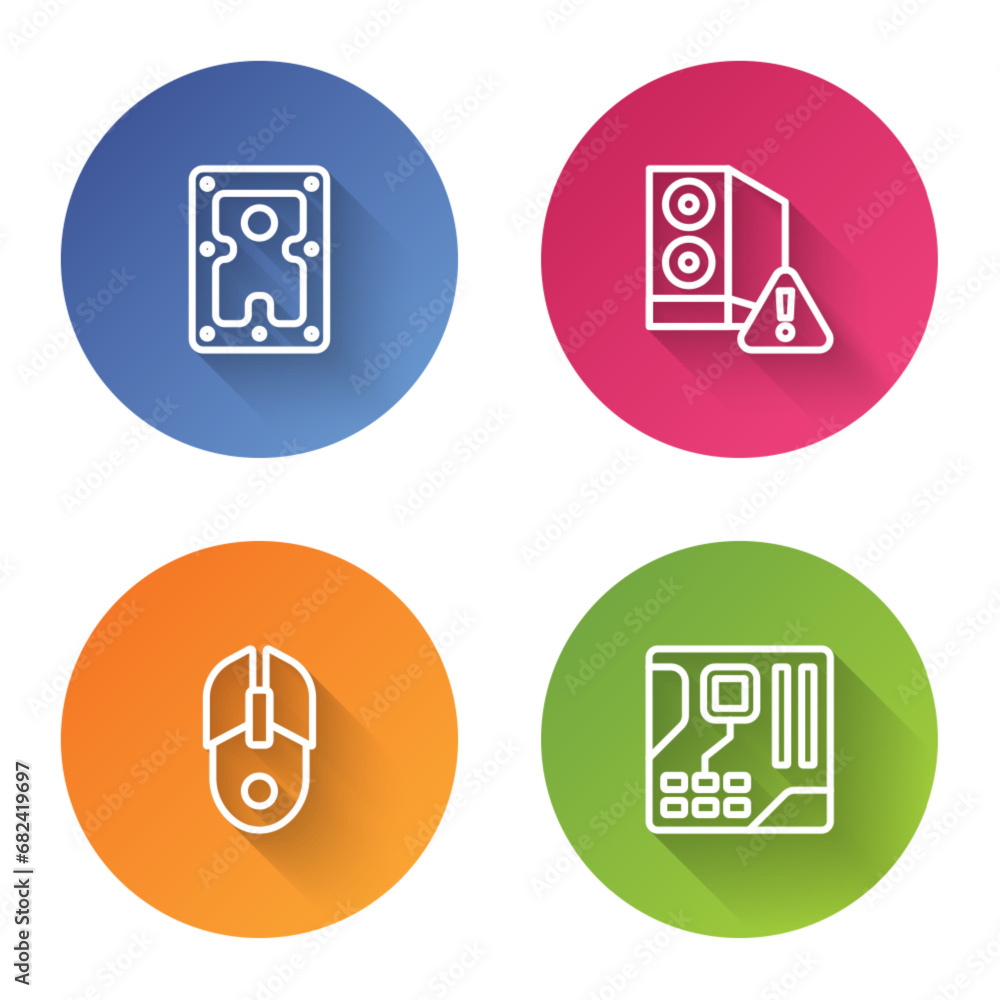 Poster set line hard disk drive hdd, case of computer, computer mouse and motherboard digital chip. color c