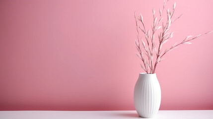 Verba, willow fur seals in a vase on a pink wall background and on a white shelf. Home light decor....