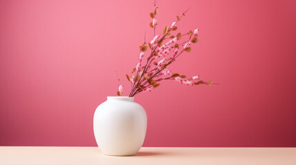 Verba, willow fur seals in a vase on a pink wall background and on a white shelf. Home light decor. Valentine's Day, Easter, Mother's Day Background. - obrazy, fototapety, plakaty