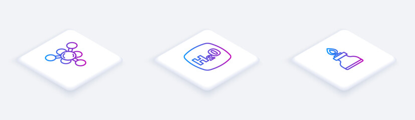 Set Isometric line Molecule, Chemical formula H2O and Alcohol spirit burner. White square button. Vector