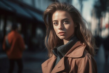 Young woman wearing brown coat on the street. Lady walking in trench cloth outside. Generate ai
