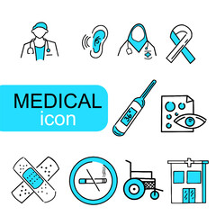Hand drawn medical icon lines with blue color and white background, in flat design style
