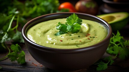 an image of a bowl of creamy avocado soup with a garnish of cilantro - obrazy, fototapety, plakaty
