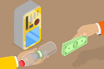 3D Isometric Flat Vector Illustration of Cans and Plastic Bottle Recycling , Reverse Vending Recycling Machine